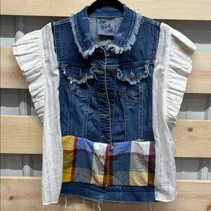 Women's Blue Jean Jacket with Multicolor Patchwork